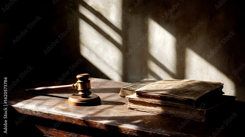 Obraz premium Antique gavel and books on a wooden table.