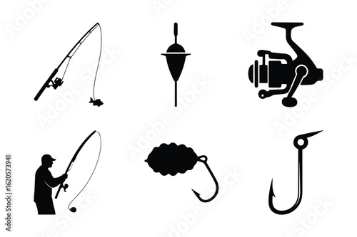 Set of fishing equipment vector icons including fisherman, fishing rod, fishing reel, fishing lure, fishing floats and fishing hook. Outdoor sport and recreation. 