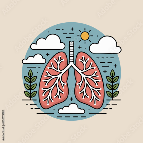 Minimalist Vector SVG Illustration of Human Lungs with Cloud and Sun Elements in Flat Design Style with Earth Tones