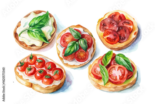 set of watercolor Tomato bruschetta vector illustration isolated on white background