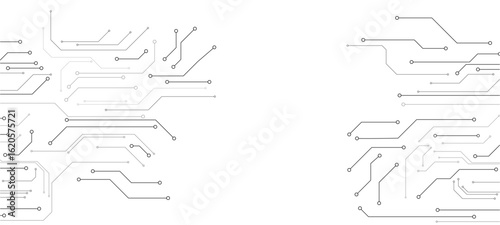 Abstract technology background. White circuit lines and connected dots on dark tech bg. Futuristic electronics concept.circuit board background
