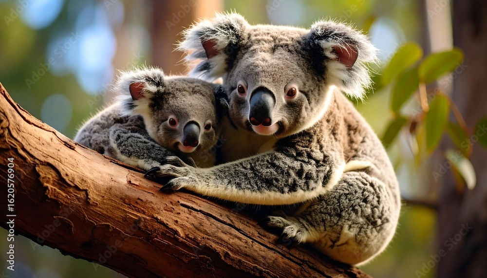 Fototapeta premium Mother Koala and Joey Cuddle on a Branch in Natural Sunlight