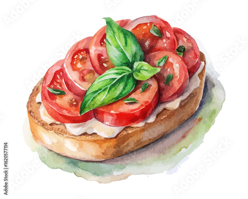 watercolor Tomato bruschetta vector illustration isolated on white background