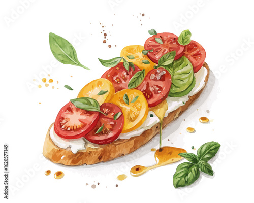 watercolor Tomato bruschetta vector illustration isolated on white background