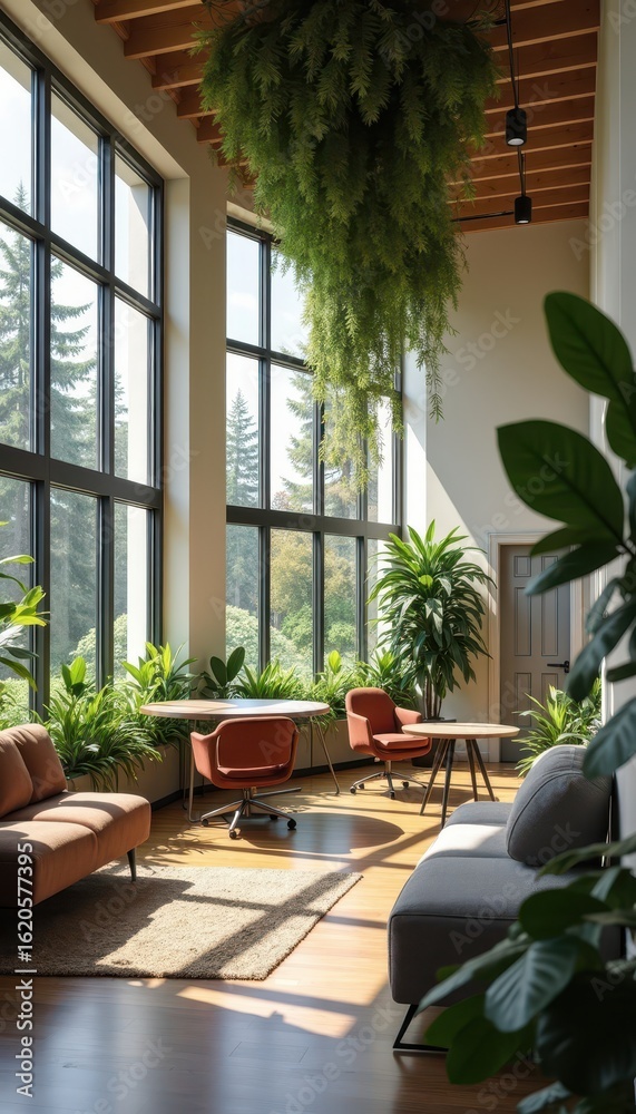 Fototapeta premium Modern and Bright Indoor Space with Abundant Greenery and Large Windows Creating a Serene and Inviting Atmosphere for Relaxation and Work