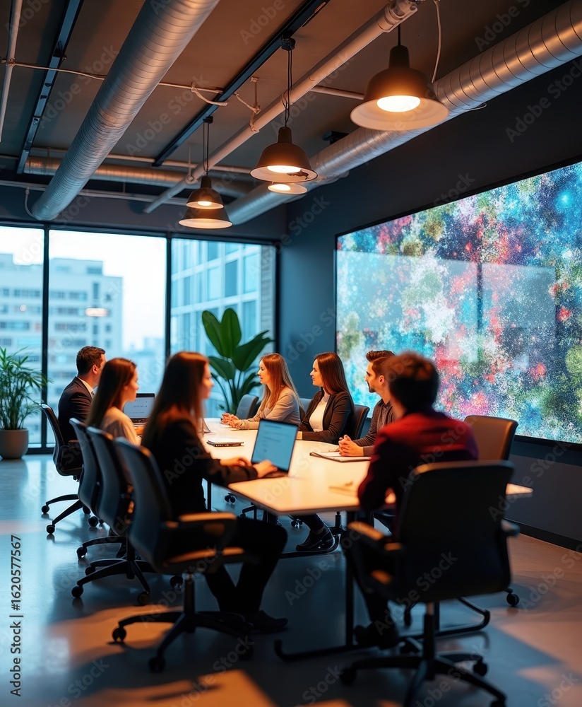 Obraz premium Modern Office Meeting with Diverse Professionals Engaged in Discussion and Collaboration in Front of a Colorful Display in a Contemporary Workspace