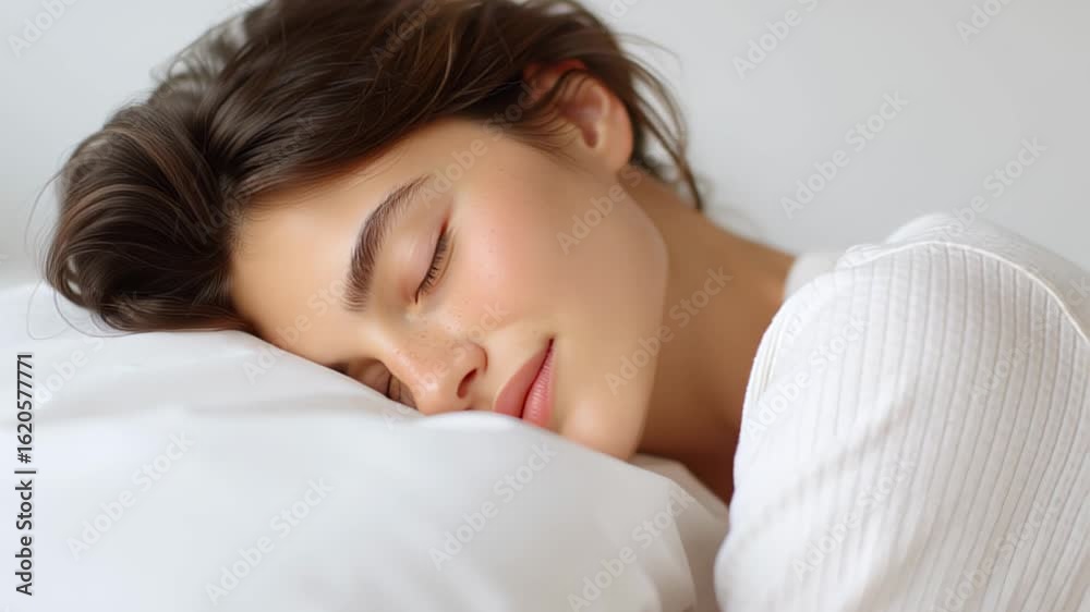 Serene moment captured as young woman peacefully sleeps on soft pillow Serene moment captured as young woman peacefully sleeps on soft pillow