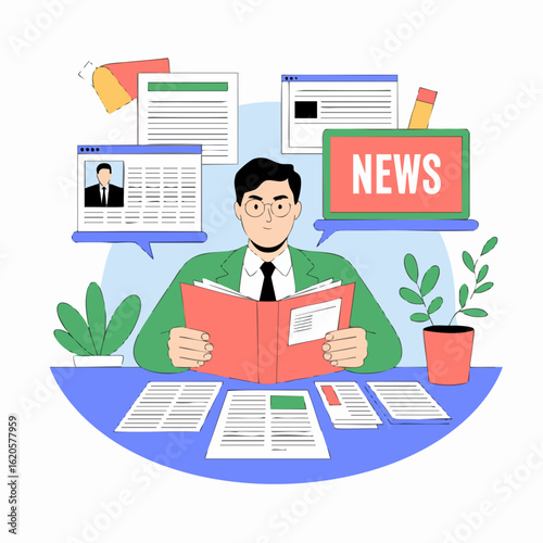 Vector SVG Illustration of News Reader with Multiple Document Icons in Flat Modern Style