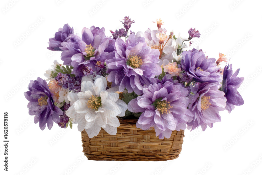 Obraz premium Floral arrangement with purple flowers indoor setting still life. Isolated on transparent background, png.