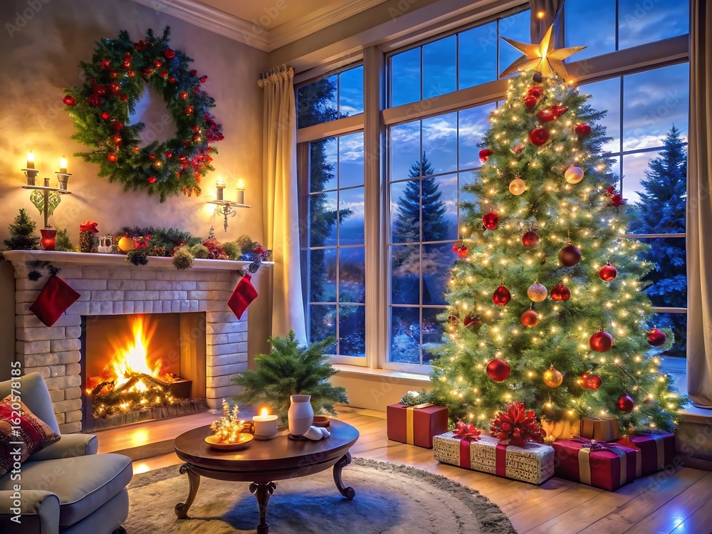 Fototapeta premium Festive christmas tree and fireplace create a cozy holiday atmosphere in a beautifully decorated room