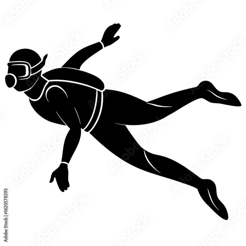 Black silhouette diver swimming underwater scuba diver
