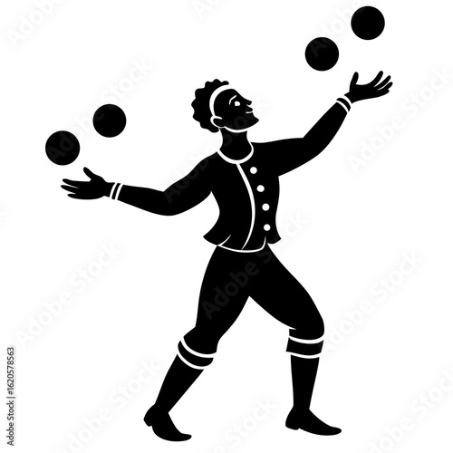 Black silhouette of a juggler tossing balls juggling