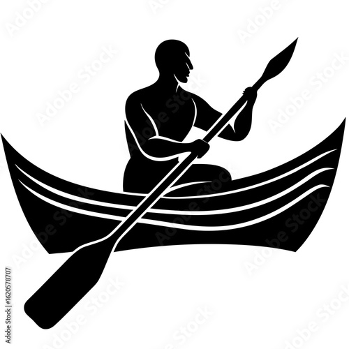 Black silhouette of man rowing canoe white