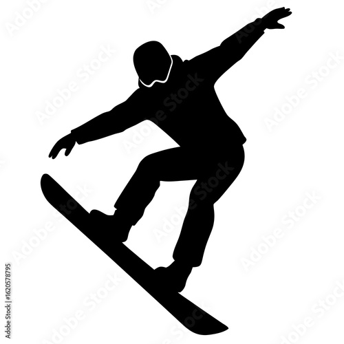 Black silhouette of snowboarder mid air white vector