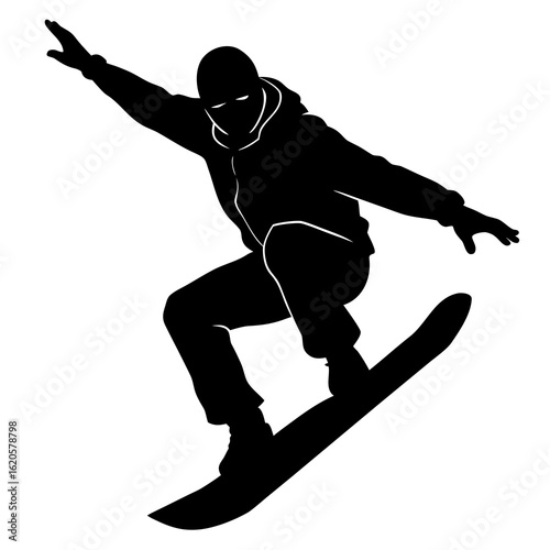 Black silhouette of snowboarder in mid air white vector