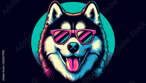 Cool husky wearing sunglasses on dark pop art vector background