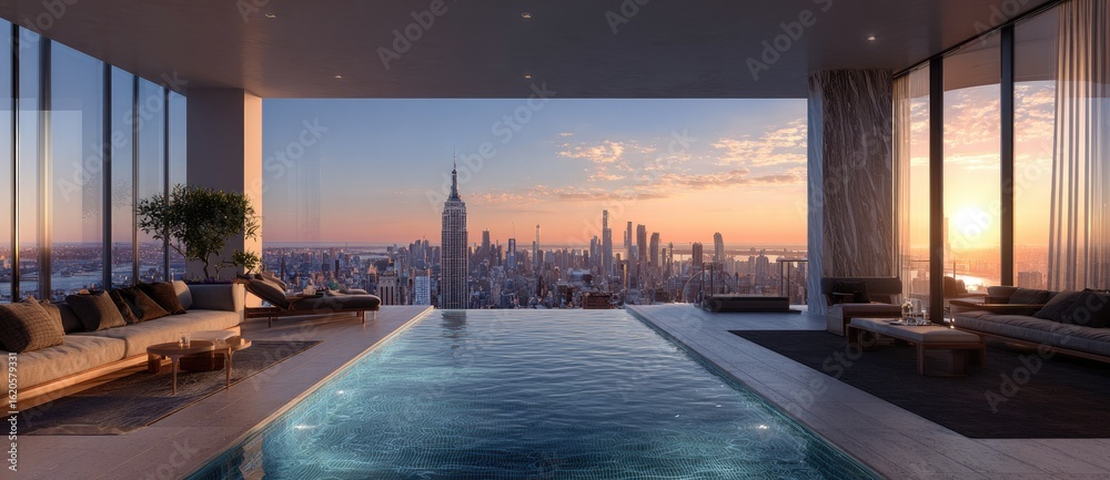 Fototapeta premium Luxury apartment interior with city skyline view and swimming pool