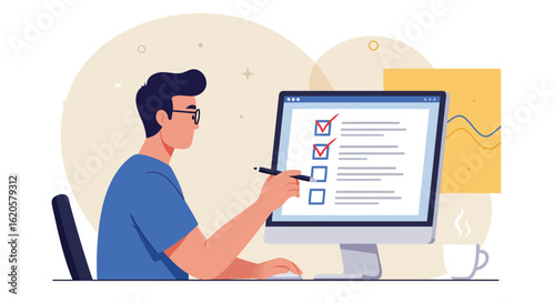 Vector illustration man working on a computer with a checklist on screen