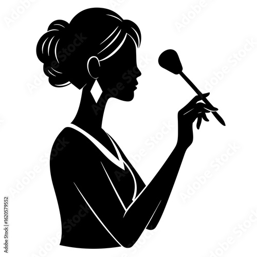 Woman silhouette applying makeup with brush black white