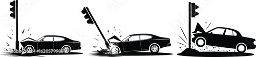 Traffic Light Car Crash Vector, Impact Scene Illustration Set.