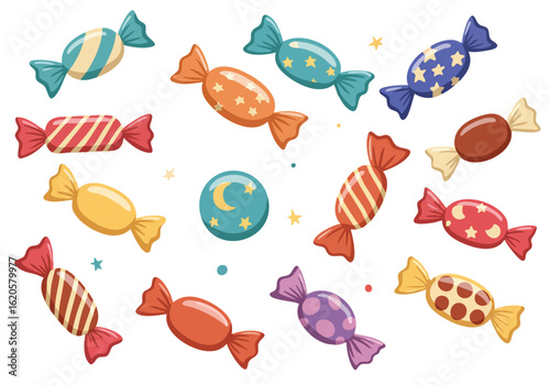 An Assortment of Delicious Wrapped and Unwrapped Candies Displayed on a White Background Featuring a Variety of Colors