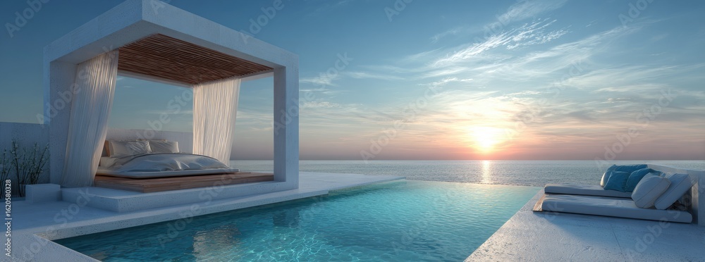 Fototapeta premium Luxury bed overlooking ocean sunset tranquil resort