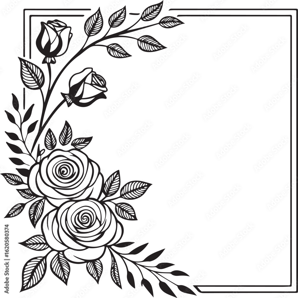 Fototapeta premium legant Rose Floral Frame Design – Hand Drawn Black and White Botanical Border for Invitations and Greeting Cards