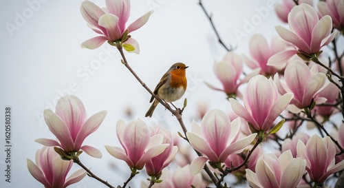  A small robin resting on a branch of magnolia flowers under a cloudy spring sky