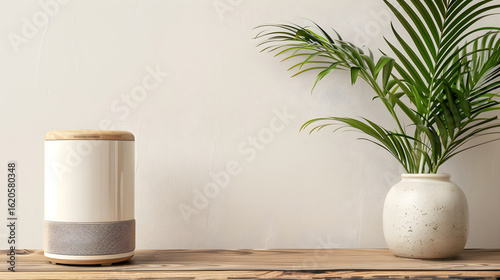 Modern Wireless Speaker on Wooden Table with Plant white isolated background : Batch, in high resolution clean minimal style stock photo illustration background image ideal for templates advertisement