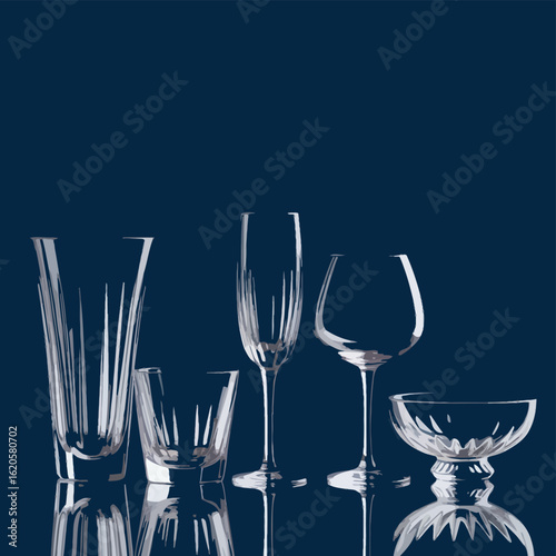 Elegant, empty wine glasses stand ready on a table in a restaurant, awaiting a celebration with wine or champagne