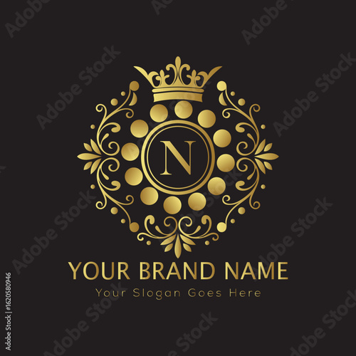 Letter Luxury brand logo design with a royal gold crown emblem and elegant typography	