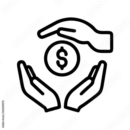 Money in hand icon Save money sign. Cash, loan, coin, dollar, saving, budget, finance, growth, investment, earning money, revenue symbol. Hands holding dollar coin flat and line style - stock vector.