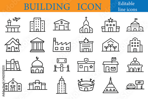 Collection of building icons isolated on white background, featuring various types of structures like houses, offices, hospitals, schools, churches, mosques line art