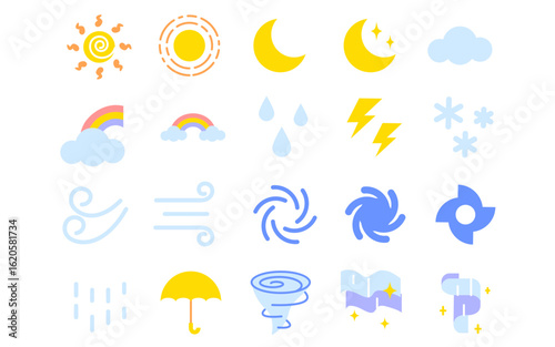 Weather icon set. Flat color style
