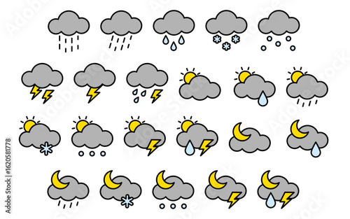 Cloudy weather icon set. Line color outline style