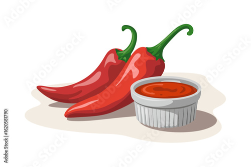 Two Red Chili Peppers and a Small Bowl of Hot Sauce ready to spice up your cooking and bring the heat
