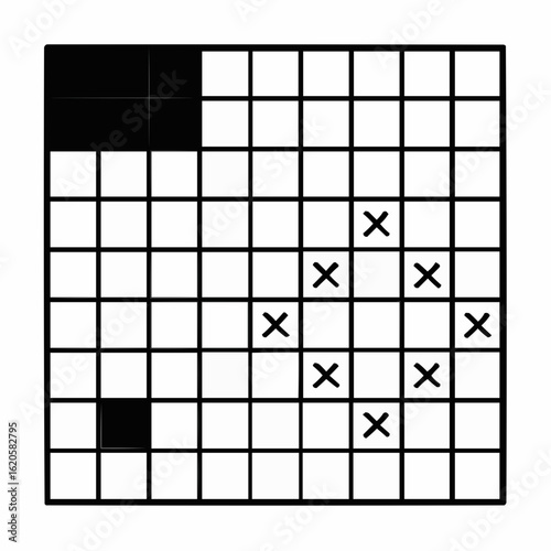Colorwork Chart. 10x10 grid with 3 color symbols. Minimalist palette