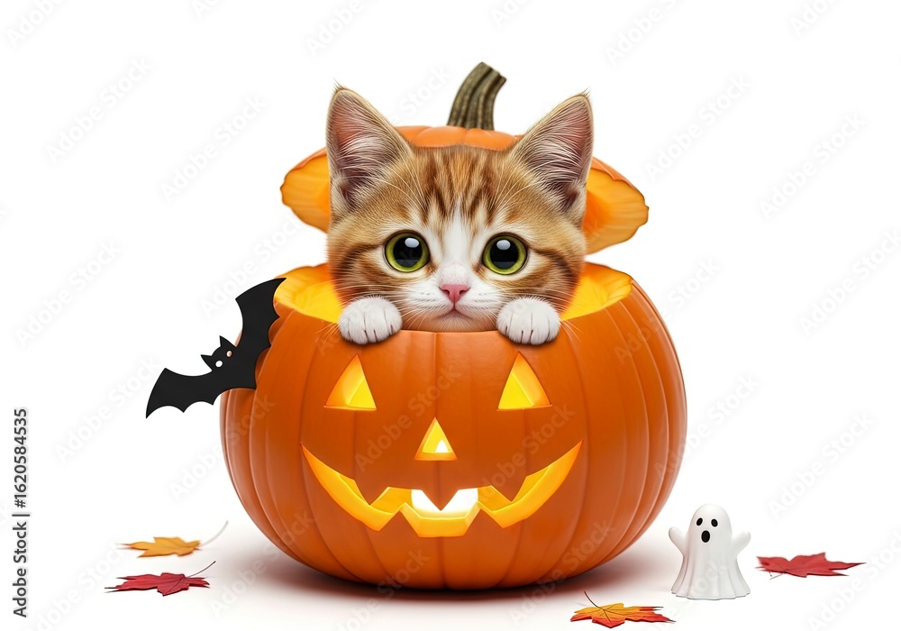 Fototapeta premium Kitten peers from a lit smiling jackolantern near a bat and a ghost figurine on a white background with fallen leaves