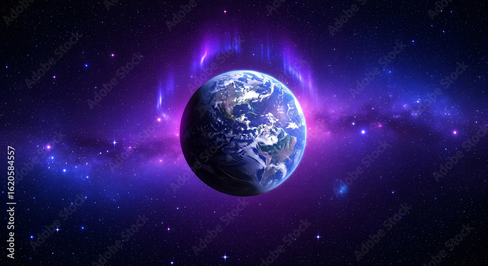 Obraz premium Vibrant image of Earth from space, glowing with purple and blue hues background. Earth, space, and colors create a stunning cosmic view. Earth and space in harmony background.