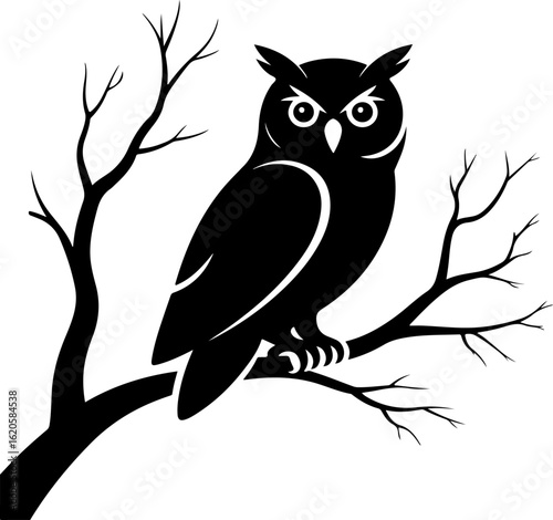 black silhouette vector of an owl perched on a bare tree branch