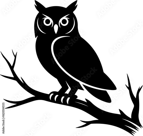 black silhouette vector of an owl perched on a bare tree branch