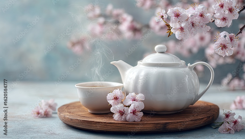 Fototapeta premium White teapot and cup, steaming tea, spring blossoms