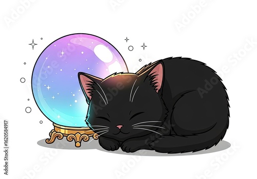 A cartoon black cat sleeps beside a crystal ball with star accents