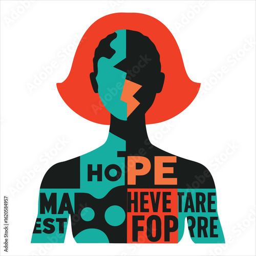 Woman Silhouette with Protest Signs and Hope Symbols – Double Exposure Vector Concept