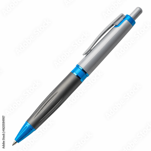 Sleek blue and grey retractable pen isolated, a creative vector illustration icon.