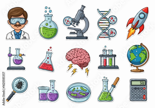 Set of cartoon stickers on the theme of science and discovery for children with copy space.