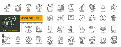 Minimalist Assesment line icons set with editable stroke, featuring process, report, sucess, feedback, opennes, policy, performance, consultant, straegy, plan, monitoring. thin linear illustration.