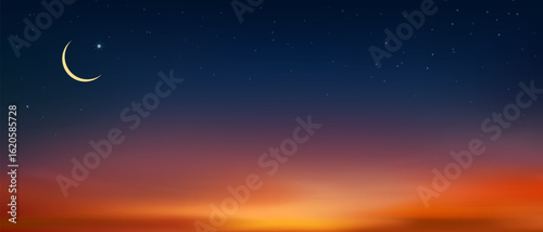 Islamic card with Crescent moon,Star on Sunset Sky,Horizon Nutural Ramadan Sky for religions symbolic of Muslim culture for Generous Ramadan,New Moon,Prayer time.Eid Mubarak,Eid al Adha,Eid al Fitr