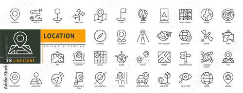 Minimalist Location line icons set with editable stroke, featuring route, pin, direction, map, flag, globe, navigator, street, no location, logistics, satelite, view point. thin linear illustration.