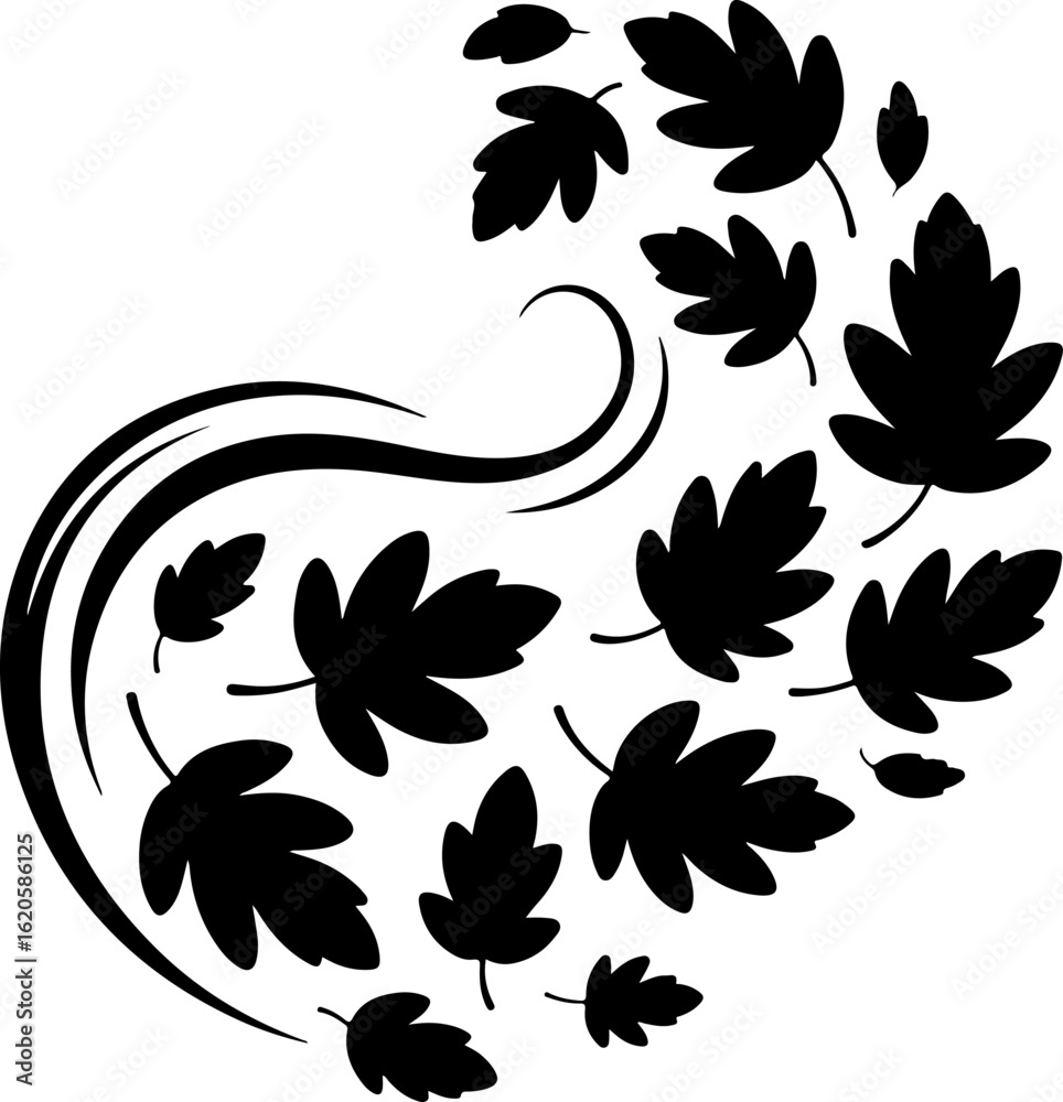 Naklejka premium black silhouette vector of autumn leaves being blown by wind